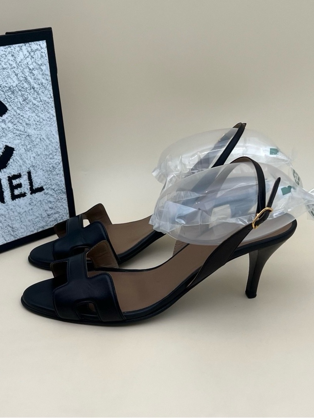 Hermes Black Leather Cutout Slingback Heels